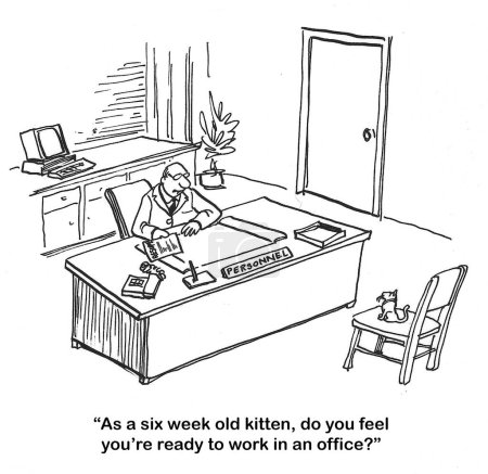 Téléchargez les photos : BW dessin animé d'un chaton de 6 semaines postulant pour un emploi de bureau, il parle avec le bureau du personnel. - en image libre de droit