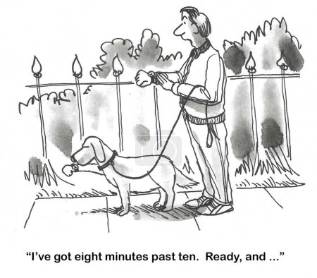 Téléchargez les photos : BW dessin animé d'un homme et son chien, synchroniser leurs montres, avant leur course. - en image libre de droit