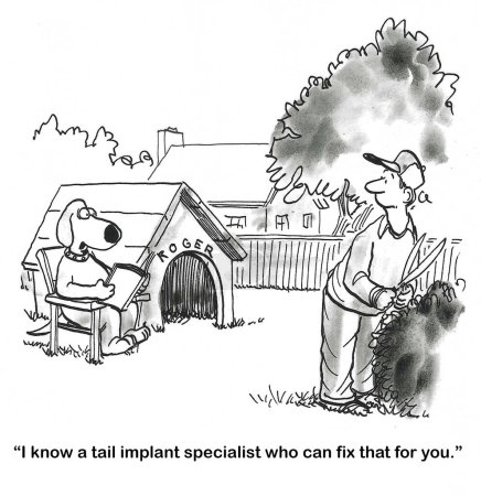Téléchargez les photos : BW dessin animé d'un chien de compagnie disant à son propriétaire que le chien peut lui obtenir un spécialiste de l'implant caudal. - en image libre de droit