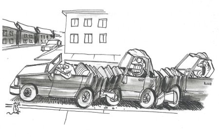 BW cartoon of a cat driving its car and seeing a mouse.  The cat slams on its brakes, causing 3 car accidents. 