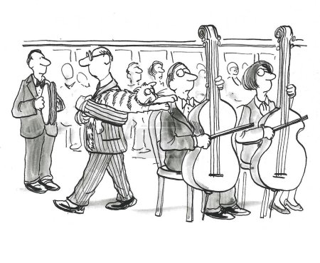 Téléchargez les photos : BW dessin animé d'un chat transporté par un orchestre en direct. Le chat veut vraiment, vraiment jouer avec les cordes de la basse. - en image libre de droit