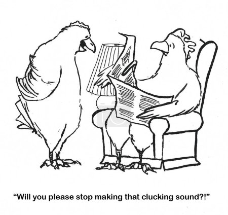 Foto de BW de dibujos animados de una esposa de pollo que quiere que su marido de pollo para dejar de cacarear. - Imagen libre de derechos