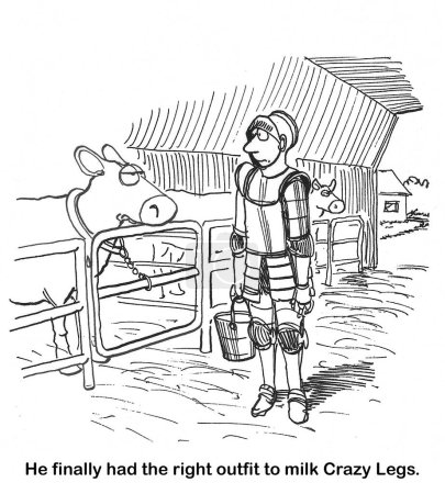 Foto de Caricatura de BW de un granjero que lleva la armadura de un caballero para ordeñar a la vaca lechera llamada "Piernas Locas". - Imagen libre de derechos