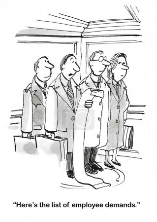 BW cartoon of managers on an elevator.  One male manager holds a very, very long list of Employee Demands.