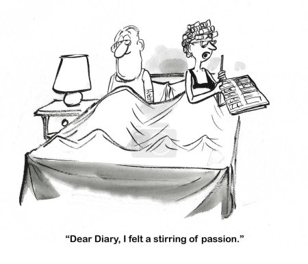 Téléchargez les photos : BW dessin animé d'un couple marié depuis de nombreuses années au lit, la femme écrit à son journal qu'elle ressentait un "agitation de passion". - en image libre de droit