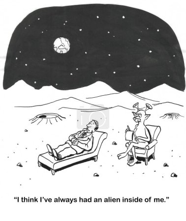 BW cartoon of a human on Mars.  He tells the alien psychiatrist that the human feels he has 'an alien inside me'.