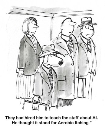 BW de dibujos animados de un perro de negocios en un ascensor en su camino para entrenar a los empleados en AI. Cree que significa picazón aeróbica..