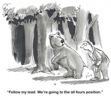 BW dibujos animados de un oso y el hombre en el bosque. El oso le dice al hombre que se ponga en la 'posición de cuatro patas'.