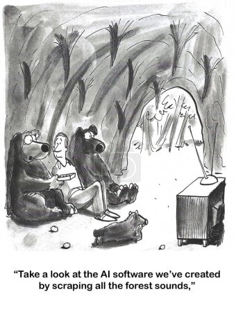 Foto de BW dibujos animados de osos y un hombre en su cueva viendo una televisión. Los osos han utilizado la IA para raspar sonidos del bosque para que puedan reproducirlos en su guarida. - Imagen libre de derechos