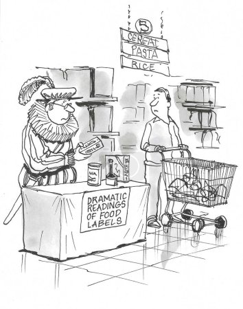 Foto de BW caricatura de un actor shakesperiano leyendo las etiquetas de los alimentos, en traje completo, en la tienda de comestibles. - Imagen libre de derechos