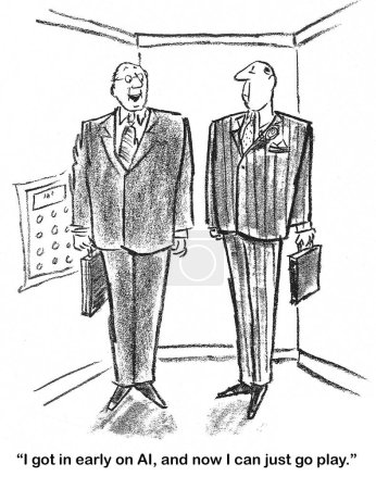 BW-Karikatur eines professionellen Mannes, der mit einem anderen prahlt, er sei "in früher KI" gewesen, so dass er jetzt einfach "spielen gehen" kann.