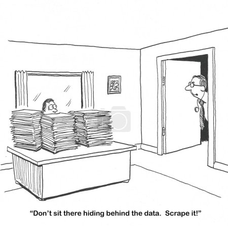 SW-Karikatur eines Chefs, der den Manager auffordert, alle Daten zu sammeln und nicht mit ihm zu sitzen.