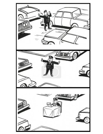 3 panel BW cartoon of policeman stopping traffic in all directions so that he can set up a table, in the middle of the intersection, and eat his lunch.