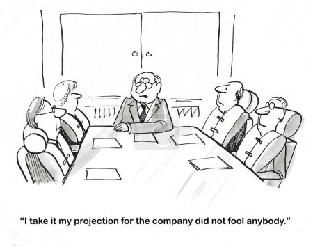 SW-Karikatur von 4 Profis bei einem Meeting, die alle Schwimmwesten tragen. Der Chef sagt zu den Vier, dass seine Projektion sie offenbar nicht täuschte.
