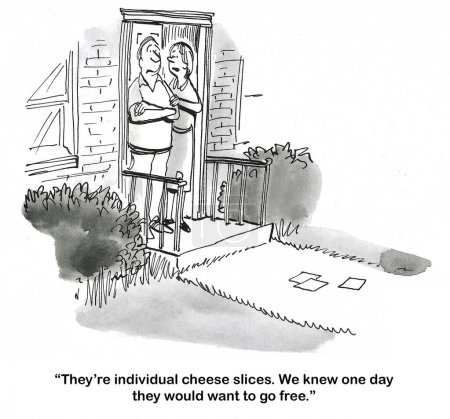 Foto de BW caricatura de un hombre llorando como su esposa le dice que sabían que un día las rebanadas de queso 'quiere ir libre'. - Imagen libre de derechos