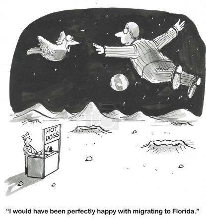 Téléchargez les photos : BW dessin animé d'un oiseau et d'un homme qui viennent de migrer vers la lune. L'oiseau dit à l'homme qu'il aurait été heureux avec la Floride. - en image libre de droit