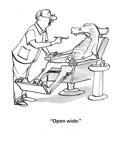 Foto de Caricatura de BW de un dentista masculino que comienza a trabajar en los dientes de un cocodrilo. - Imagen libre de derechos