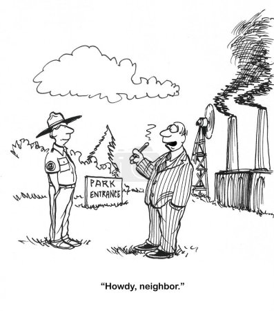 BW cartoon of a park ranger at a park entrance.  He faces factories spouting out pollutants and a man smoking a large cigar.
