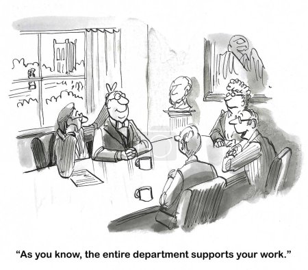 BW cartoon of a meeting.  A boss says to a manager, that the manager is support, but he is not telling the truth.