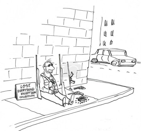 BW cartoon illustration of a homeless man.  The only thing he has left is his gun collection.