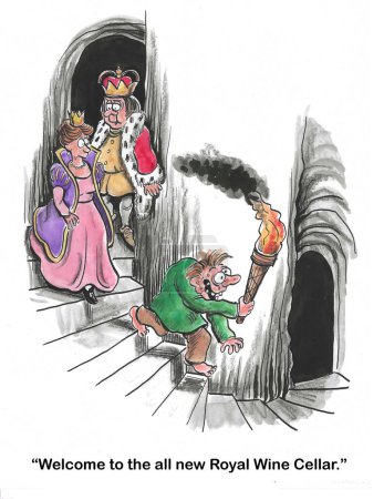 Color cartoon of the king and queen following Eygore down to the new royal wine cellar.