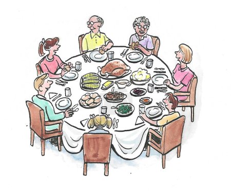 Farbige Cartoon-Illustration, die eine kaukasische Familie und ihre Großeltern bei einem Urlaubsessen zeigt.