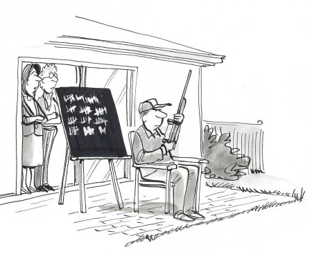 BW cartoon of a wife and friend looking at her husband sitting outside in a chair with his rifle and a board to keep score.  He is shooting his rifle a lot.