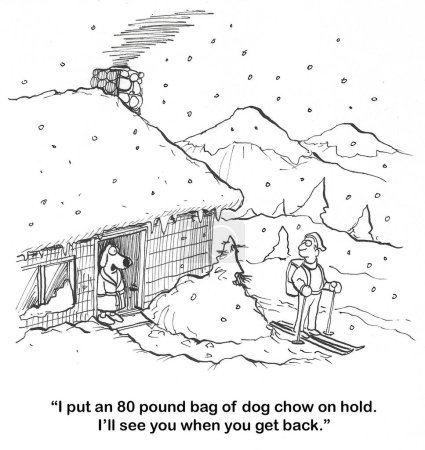 Téléchargez les photos : BW dessin animé d'une tempête de neige et un chien en peignoir parlant avec son propriétaire. Le propriétaire est sur des skis. Le chien veut une bouffe de 80 livres ramenée.. - en image libre de droit
