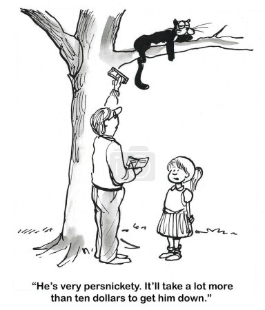 Téléchargez les photos : BW dessin animé d'un chat sur un haut membre de l'arbre. Le père offre au chat 10 $pour descendre. Daugher dit "ça va prendre beaucoup plus". - en image libre de droit