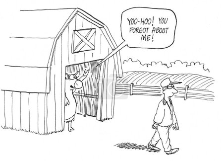 Foto de Caricatura de BW de un granjero que olvidó ordeñar una de las vacas. - Imagen libre de derechos