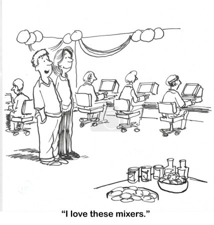 BW cartoon of a single man and a single woman, they are at a single mixer with computers.  Each participant is on the computer by themself and not mixing.