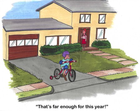 Dibujos animados a color de un niño en su bicicleta en la entrada. Su madre le dice que es suficiente para este año..