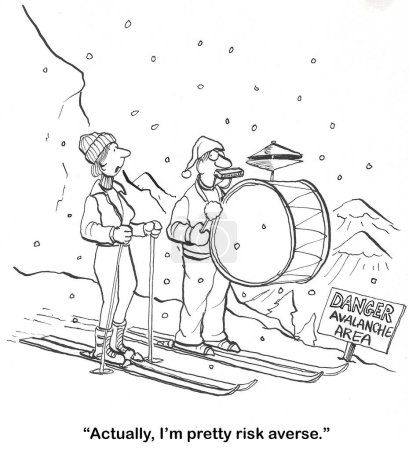 Téléchargez les photos : BW dessin animé de deux personnes skier - les deux sont dans une zone d'avalanche. L'un est contre le risque, l'autre est un groupe bruyant, composé d'un seul homme. - en image libre de droit
