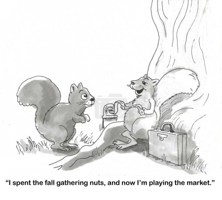 Foto de BW dibujos animados de dos ardillas - uno está jugando el mercado de valores con las nueces que recogió en el otoño. - Imagen libre de derechos
