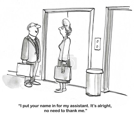 SW-Karikatur eines männlichen Chefs, der weiblichen Professionellen erzählt, dass er ihren Namen für seinen Assistenten eingab.