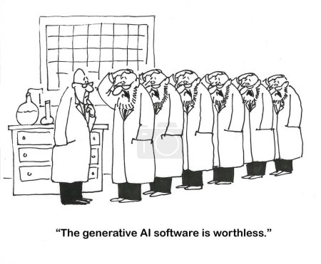 BW-Cartoon zeigt sechs identische Wissenschaftler, die durch generative KI-Software entstanden sind