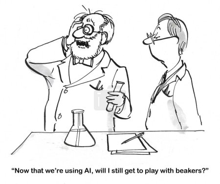Foto de BW caricatura de un científico lamentándose a otro, con AI alrededor todavía será capaz de utilizar sus muchos vasos de precipitados. - Imagen libre de derechos