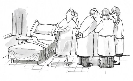 Téléchargez les photos : BW dessin animé d'un patient masculin à l'écoute alors que l'équipe médicale tente de définir sa condision. - en image libre de droit