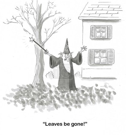 BW dibujo animado de una bruja tratando de lanzar un hechizo para que todas las hojas de otoño que han caído en el suelo desaparezcan.