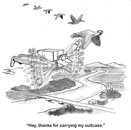 Foto de BW dibujos animados de un hombre volador que está ayudando al pájaro llevando la maleta del pájaro. - Imagen libre de derechos