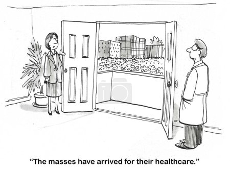 BW cartoon of medical doctors looking at throngs of people - they want better healthcare.