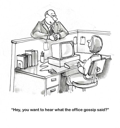 BW cartoon of two office workers spreading gossip