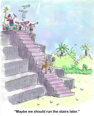 Dibujos animados a color de dos personas ejercitándose en las escaleras aztecas que accidentalmente se encuentran con un sacrificio humano.