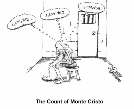 Photo for BW cartoon of Monte Cristo counting very high numbers in his jail cell. - Royalty Free Image