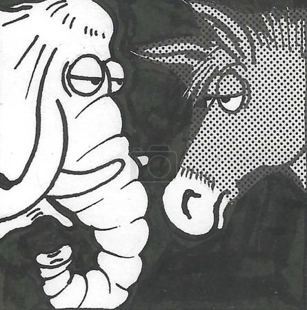 BW cartoon of a donkey and an elephant staring and glaring at one another.