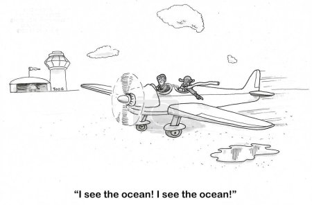 Foto de BW dibujos animados de un pequeño avión a punto de despegar. El pasajero no se da cuenta de que todavía están en el suelo.. - Imagen libre de derechos
