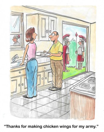 Photo for Color cartoon of a husband thanking his wife for making chicken wings for 'his army'. - Royalty Free Image