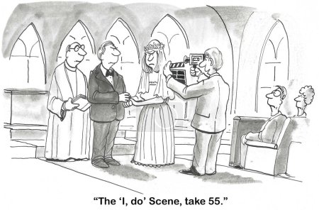 BW cartoon of a couple at the marriage alter.  Their photographer is on take 55 of this scene.