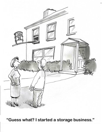 Téléchargez les photos : BW dessin animé d'une femme disant à son voisin masculin qu'elle a commencé une entreprise de stockage. Elle stocke des produits chimiques toxiques à l'extérieur de sa maison - en image libre de droit