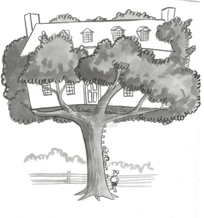 Foto de BW caricatura que muestra una casa grande que se ha construido en un árbol. - Imagen libre de derechos
